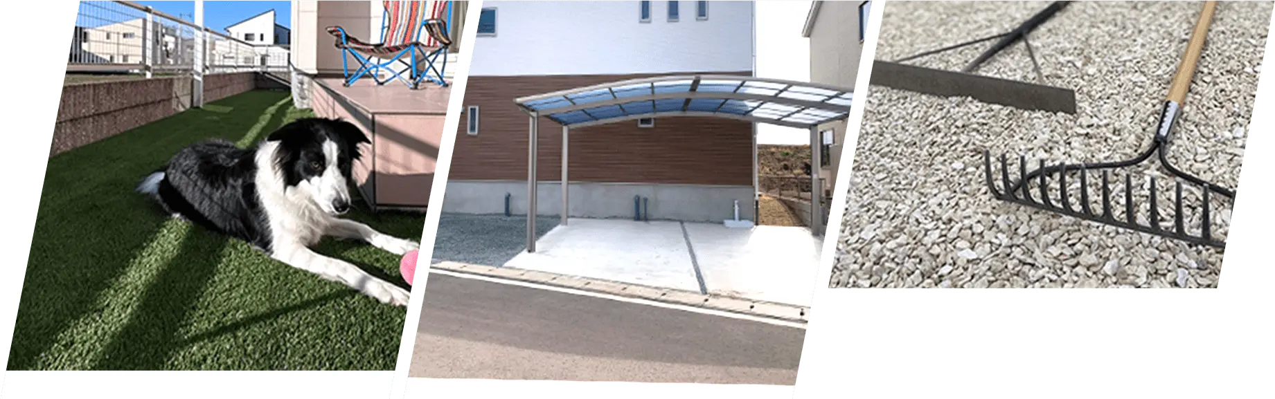 白と黒の犬、サンルーフ付き駐車場、農作業道具