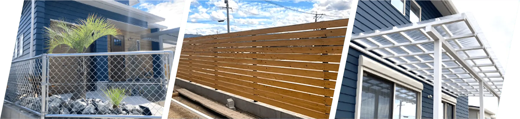 素敵な庭、茶色い木の柵、おしゃれなサンルーフ